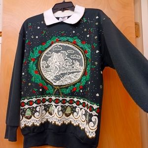Vintage Nutcracker Cottagecore ChristmasMistletoe Black Collar Sweater Top L XL